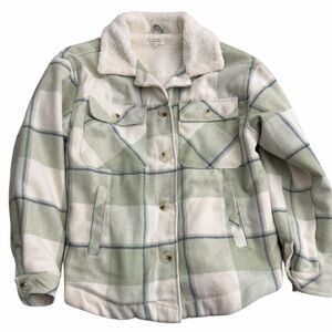 Common Stitch Sherpa Lined Plaid Shacket Jacket Women Large Green White Fleece